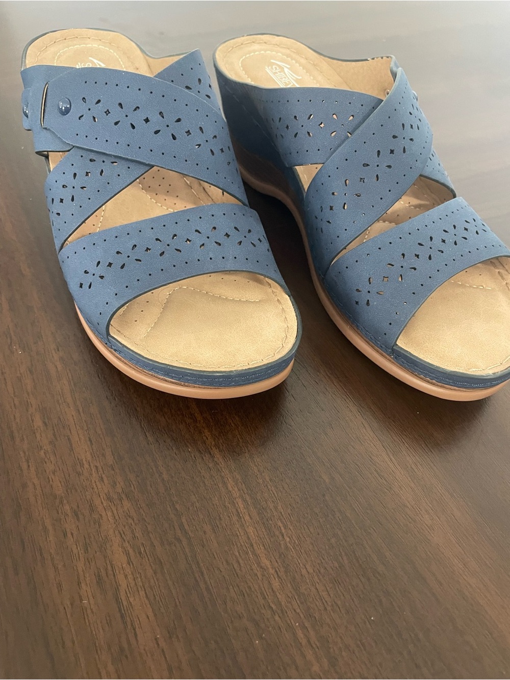 Women's Blue Cross-Strap Slide Sandals with Laser-Cut Detail